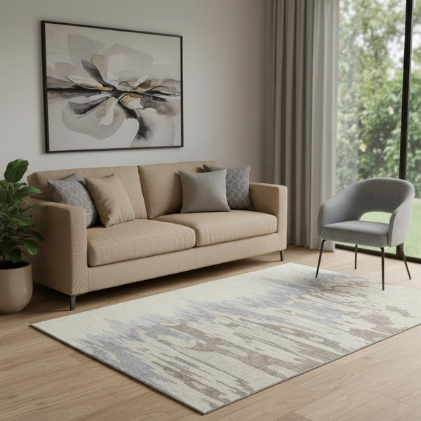 HomeRoots 5' Abstract Beige, Silver & Gray Washable Area Rug – UV Resistant, Soft, Stain-Repellent Design! 682321