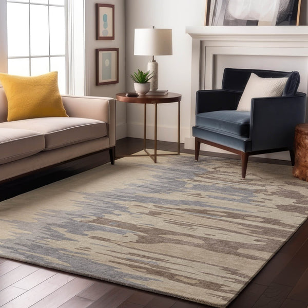 HomeRoots 5' Abstract Beige, Silver & Gray Washable Area Rug – UV Resistant, Soft, Stain-Repellent Design! 682321
