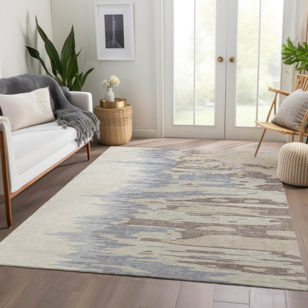 HomeRoots 5' Abstract Beige, Silver & Gray Washable Area Rug – UV Resistant, Soft, Stain-Repellent Design! 682321