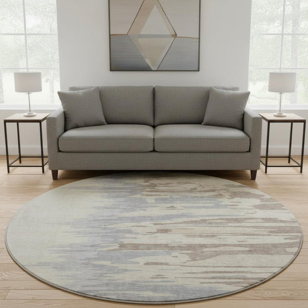 HomeRoots 8' Beige Silver and Gray Modern Abstract Washable Round Rug with UV Protection for High-Traffic Areas 682322