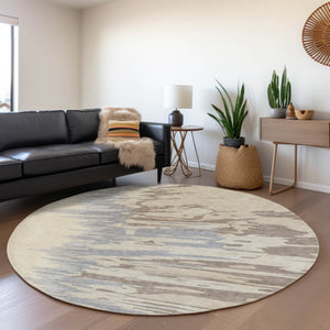 HomeRoots 8' Beige Silver and Gray Modern Abstract Washable Round Rug with UV Protection for High-Traffic Areas 682322