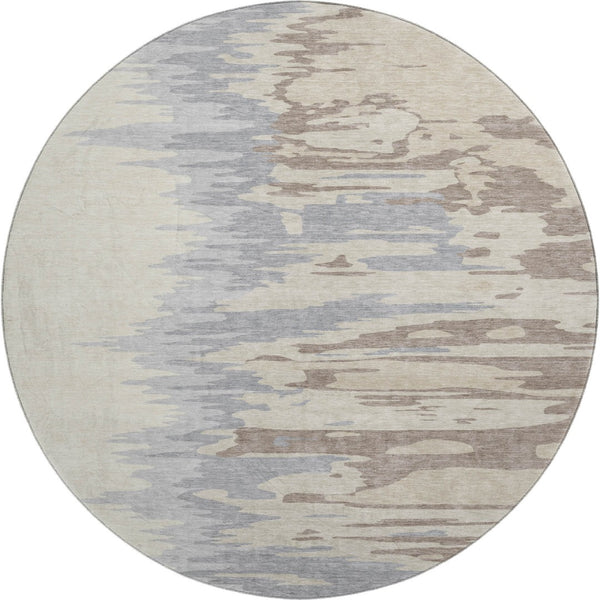HomeRoots 8' Beige Silver and Gray Modern Abstract Washable Round Rug with UV Protection for High-Traffic Areas 682322