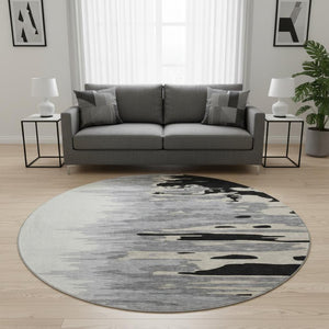 HomeRoots 8' Stylish Black, Ivory & Gray Abstract Round Rug - Washable, UV-Protected for High-Traffic Areas 682328
