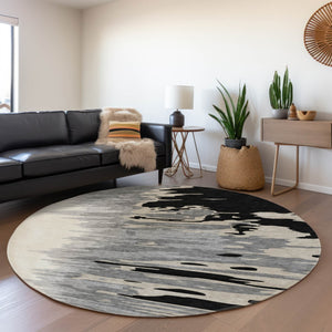 HomeRoots 8' Stylish Black, Ivory & Gray Abstract Round Rug - Washable, UV-Protected for High-Traffic Areas 682328