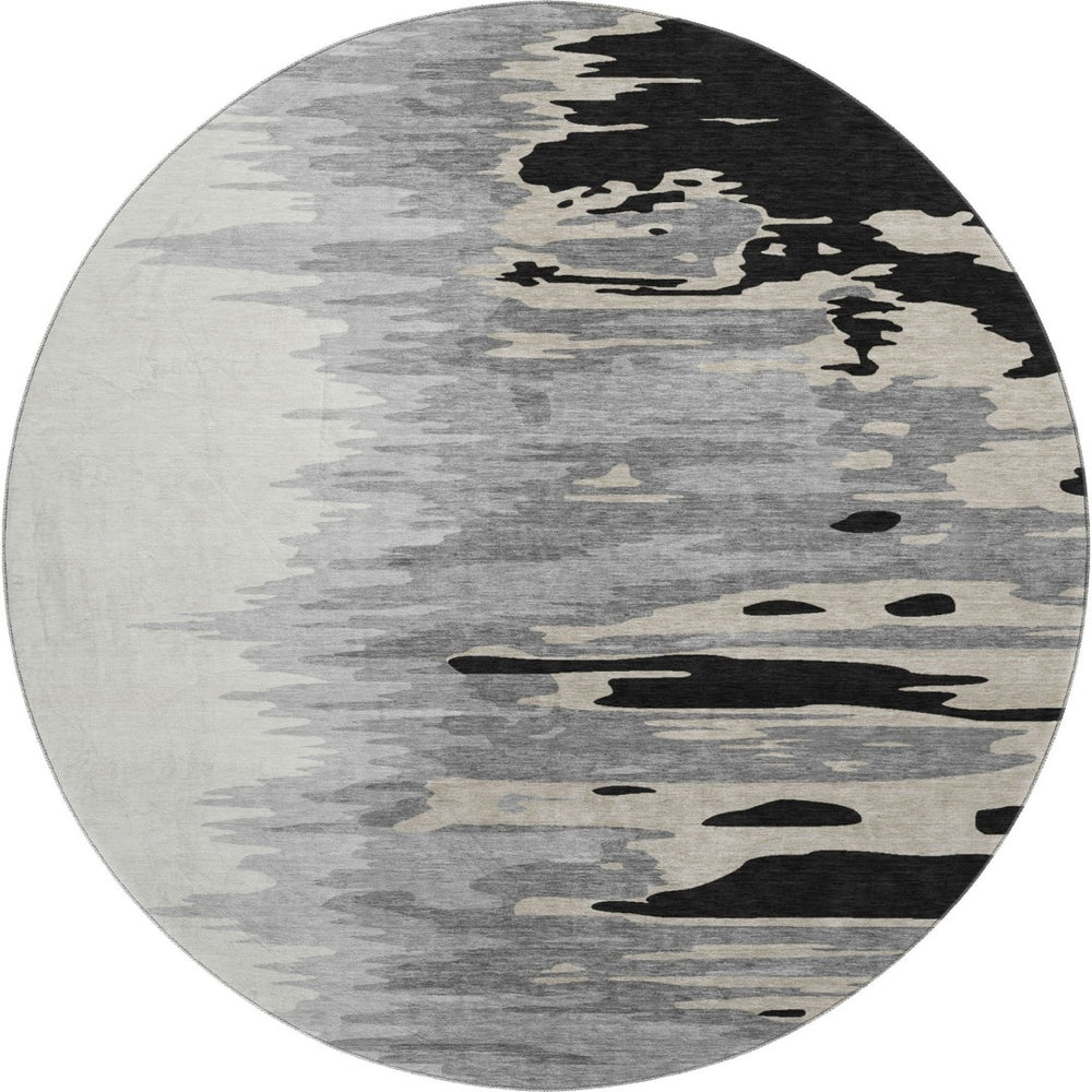 HomeRoots 8' Stylish Black, Ivory & Gray Abstract Round Rug - Washable, UV-Protected for High-Traffic Areas 682328