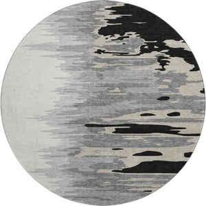 HomeRoots 8' Stylish Black, Ivory & Gray Abstract Round Rug - Washable, UV-Protected for High-Traffic Areas 682328