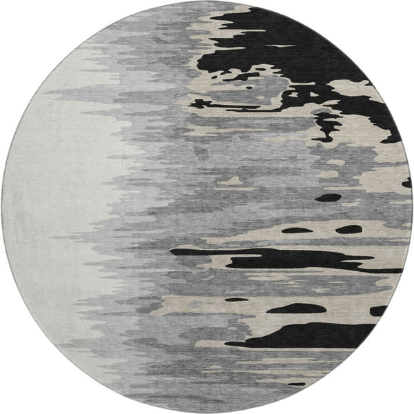 HomeRoots 8' Stylish Black, Ivory & Gray Abstract Round Rug - Washable, UV-Protected for High-Traffic Areas 682328