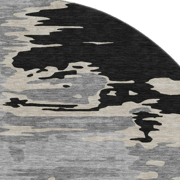 HomeRoots 8' Stylish Black, Ivory & Gray Abstract Round Rug - Washable, UV-Protected for High-Traffic Areas 682328