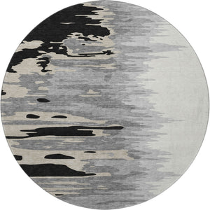 HomeRoots 8' Stylish Black, Ivory & Gray Abstract Round Rug - Washable, UV-Protected for High-Traffic Areas 682328