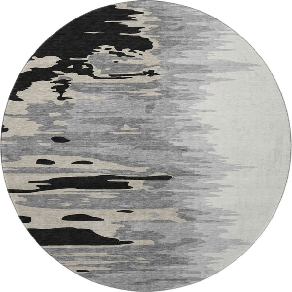 HomeRoots 8' Stylish Black, Ivory & Gray Abstract Round Rug - Washable, UV-Protected for High-Traffic Areas 682328