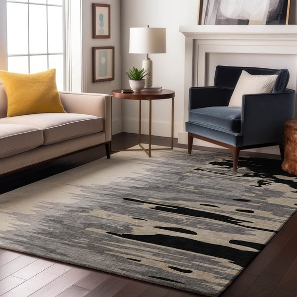 HomeRoots 8' X 10' Stylish Black, Ivory & Gray Abstract Washable Area Rug – Durable, UV Protected & Easy Care 682329