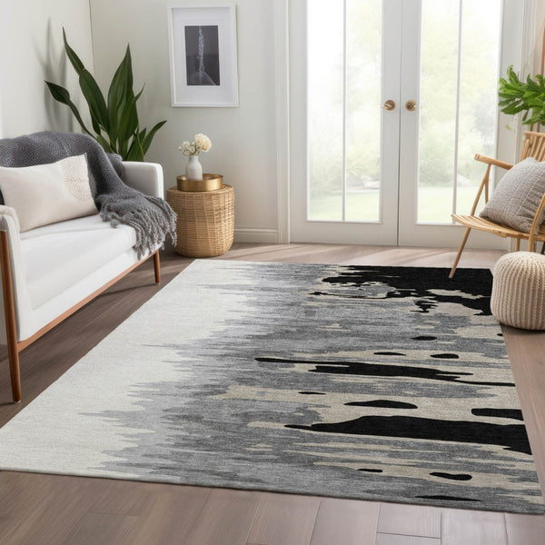 HomeRoots 8' X 10' Stylish Black, Ivory & Gray Abstract Washable Area Rug – Durable, UV Protected & Easy Care 682329