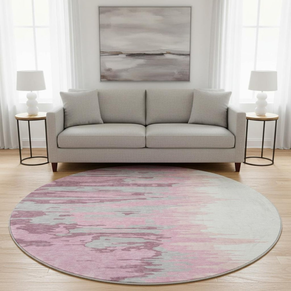 HomeRoots 8' Blush Ivory and Gray Abstract Washable Round Rug with UV Protection for Modern Living Spaces 682334