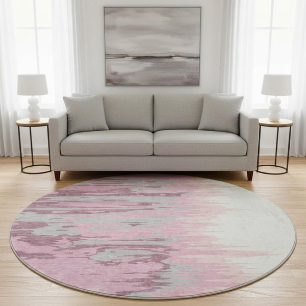 HomeRoots 8' Blush Ivory and Gray Abstract Washable Round Rug with UV Protection for Modern Living Spaces 682334