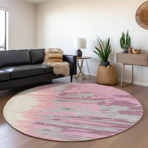 HomeRoots 8' Blush Ivory and Gray Abstract Washable Round Rug with UV Protection for Modern Living Spaces 682334
