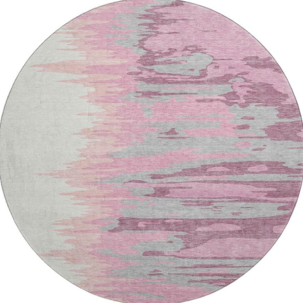 HomeRoots 8' Blush Ivory and Gray Abstract Washable Round Rug with UV Protection for Modern Living Spaces 682334