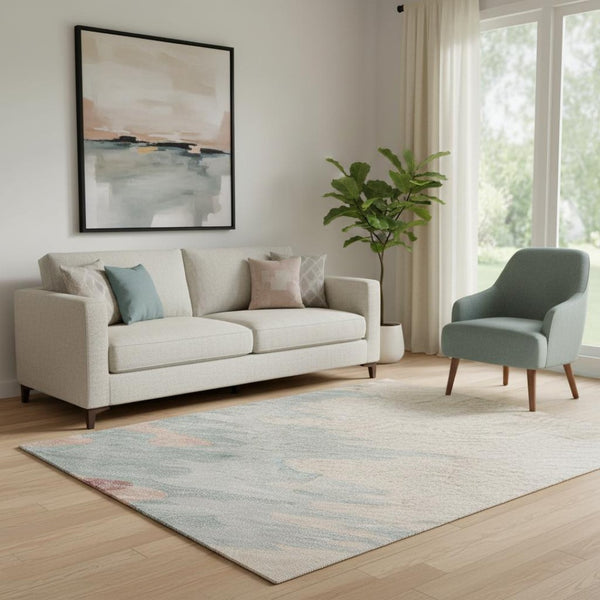 HomeRoots 5' X 8' Abstract Coral Beige and Gray Area Rug - Washable, Stain Resistant, UV Protected for Durability 682345