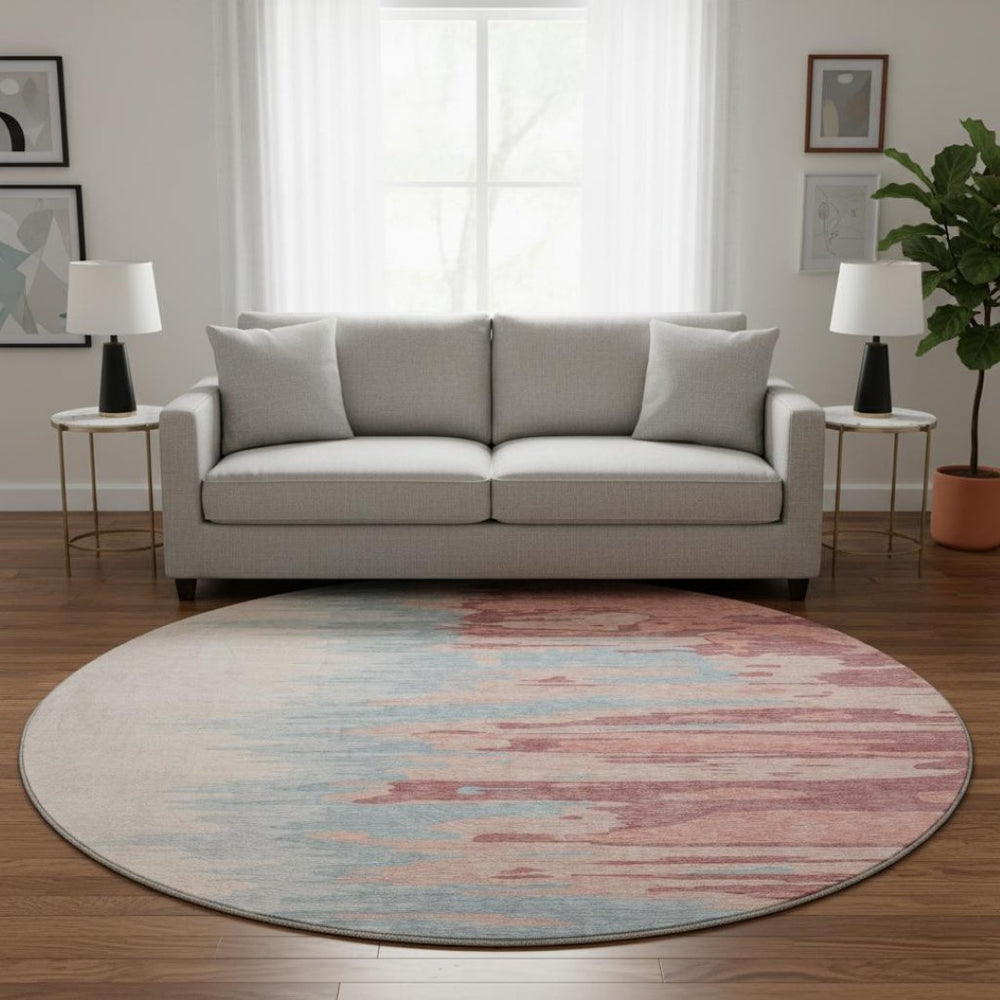 HomeRoots 8' Coral Beige and Gray Abstract Round Rug - Washable, UV Resistant, Stylish & Durable for Busy Homes 682346
