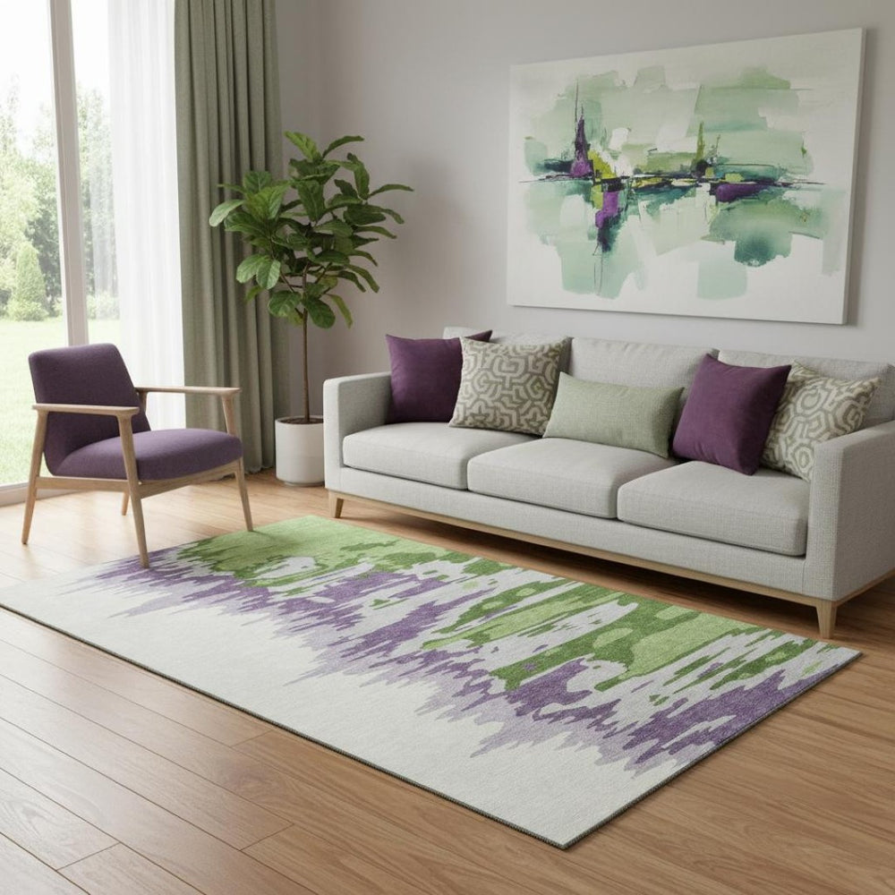 HomeRoots 5' X 8' Abstract Washable Area Rug in Green, Purple, Ivory – Stain-Resistant & UV Protected Design! 682351
