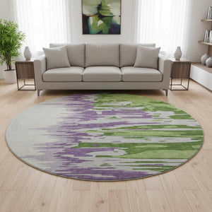 HomeRoots 8' Stylish Green Purple Ivory Abstract Washable Round Rug with UV Protection for Easy Care & Durability 682352