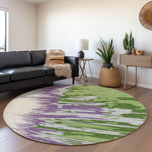 HomeRoots 8' Stylish Green Purple Ivory Abstract Washable Round Rug with UV Protection for Easy Care & Durability 682352