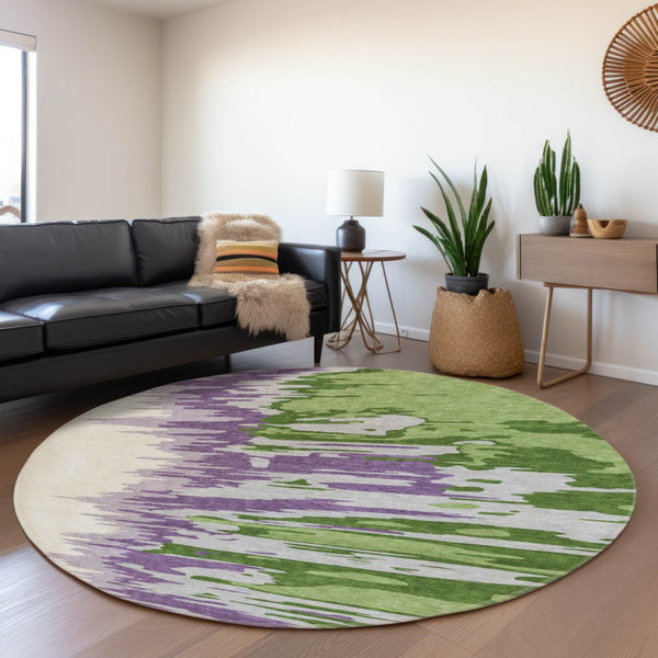 HomeRoots 8' Stylish Green Purple Ivory Abstract Washable Round Rug with UV Protection for Easy Care & Durability 682352