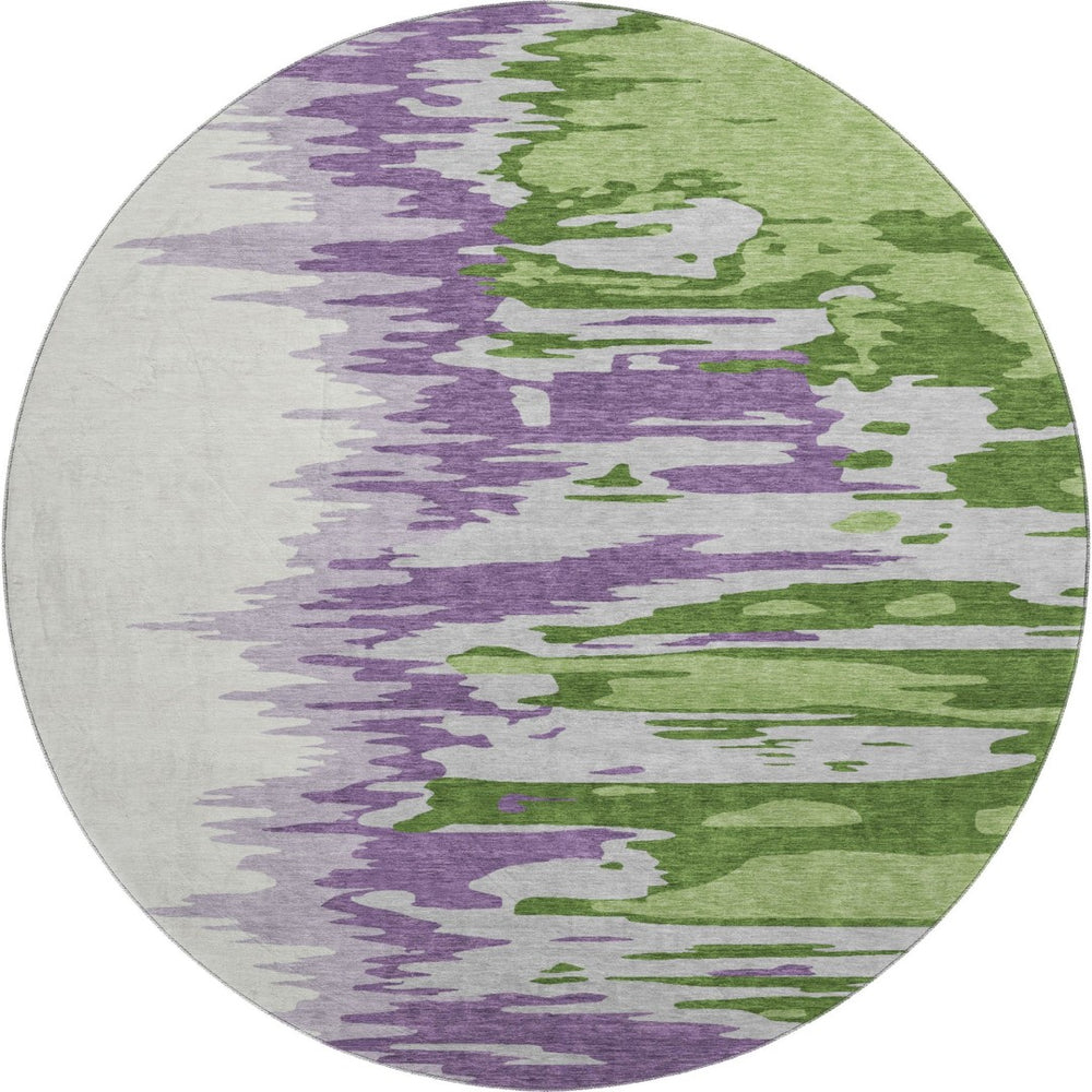 HomeRoots 8' Stylish Green Purple Ivory Abstract Washable Round Rug with UV Protection for Easy Care & Durability 682352
