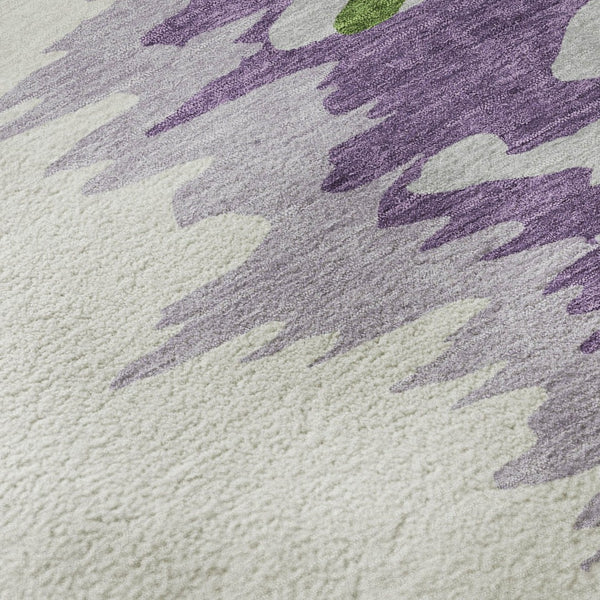 HomeRoots 8' Stylish Green Purple Ivory Abstract Washable Round Rug with UV Protection for Easy Care & Durability 682352