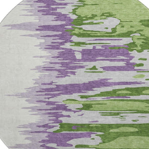 HomeRoots 8' Stylish Green Purple Ivory Abstract Washable Round Rug with UV Protection for Easy Care & Durability 682352
