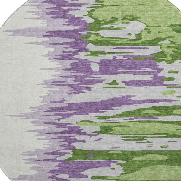 HomeRoots 8' Stylish Green Purple Ivory Abstract Washable Round Rug with UV Protection for Easy Care & Durability 682352