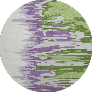 HomeRoots 8' Stylish Green Purple Ivory Abstract Washable Round Rug with UV Protection for Easy Care & Durability 682352