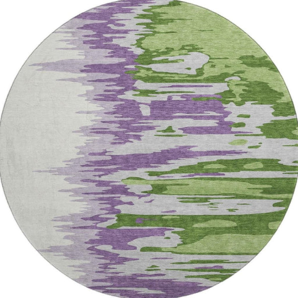 HomeRoots 8' Stylish Green Purple Ivory Abstract Washable Round Rug with UV Protection for Easy Care & Durability 682352