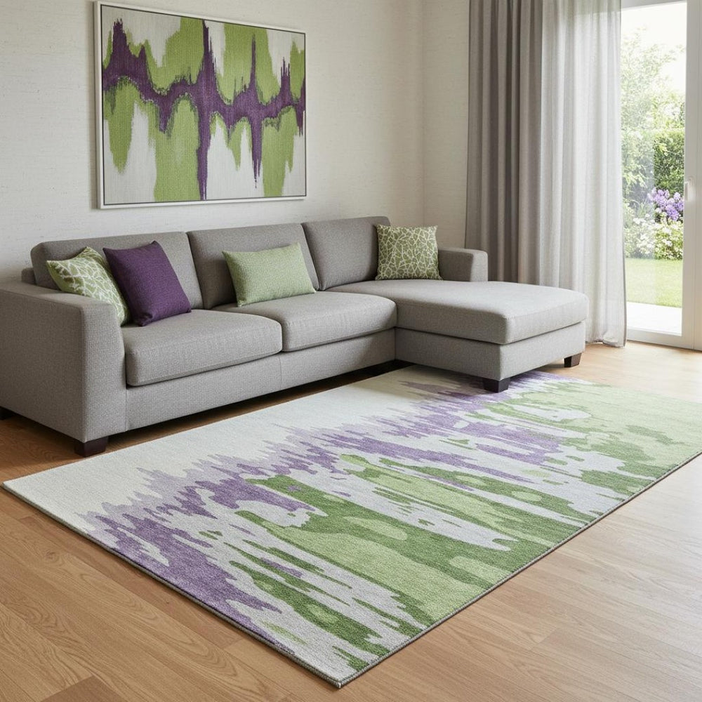 HomeRoots 8' X 10' Washable Abstract Area Rug in Green, Purple & Ivory with UV Protection for Modern Spaces 682353