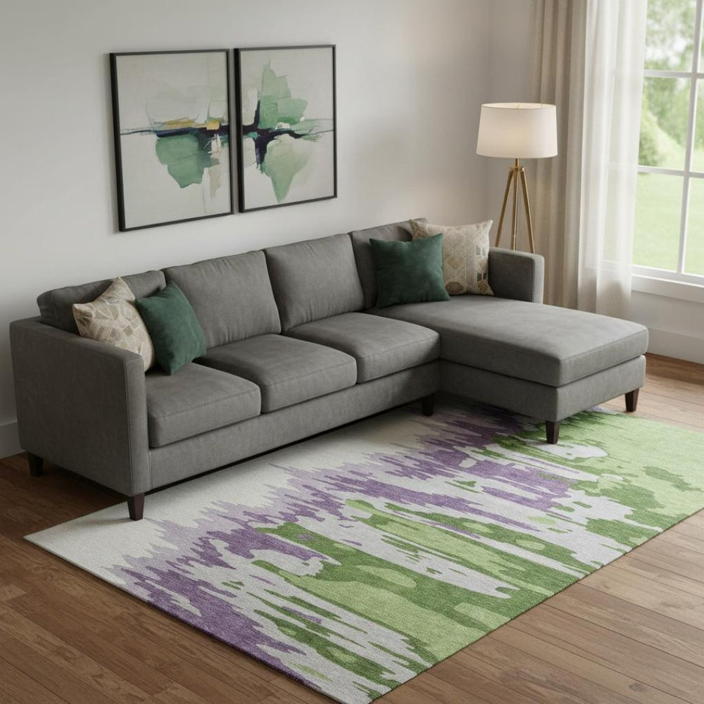 HomeRoots 9' X 12' Abstract Area Rug in Green, Purple & Ivory - Washable, UV-Protected, Pet-Friendly Design 682354