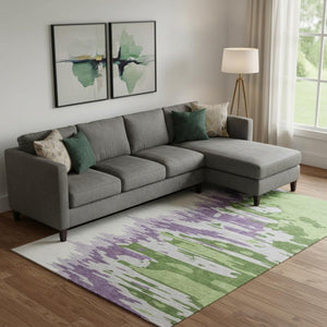 HomeRoots 9' X 12' Abstract Area Rug in Green, Purple & Ivory - Washable, UV-Protected, Pet-Friendly Design 682354
