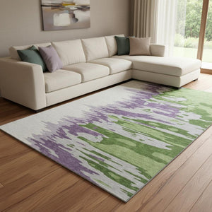 HomeRoots 10' X 14' Modern Abstract Area Rug in Green, Purple & Ivory - Washable, UV Protected, Stain Resistant 682355