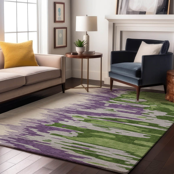 HomeRoots 10' X 14' Modern Abstract Area Rug in Green, Purple & Ivory - Washable, UV Protected, Stain Resistant 682355