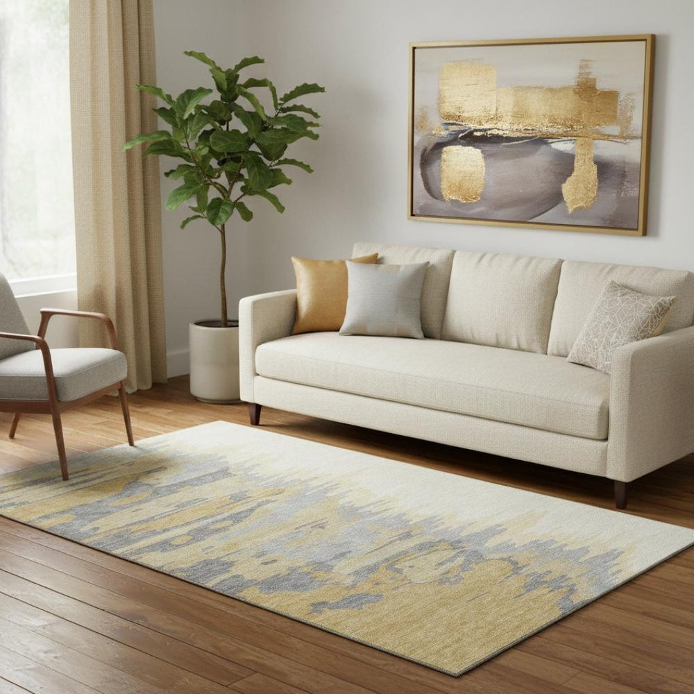 HomeRoots 5' Gold, Ivory & Gray Abstract Washable Area Rug – UV Protected, Durable, Stain-Resistant Design! 682357