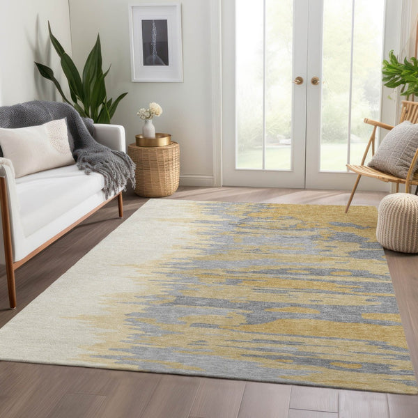 HomeRoots 5' Gold, Ivory & Gray Abstract Washable Area Rug – UV Protected, Durable, Stain-Resistant Design! 682357