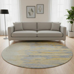 HomeRoots 8' Gold Ivory and Gray Abstract Round Rug - Washable, UV Protected, Ideal for High-Traffic Areas 682358
