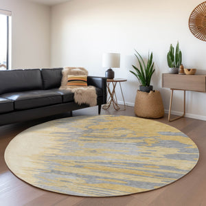 HomeRoots 8' Gold Ivory and Gray Abstract Round Rug - Washable, UV Protected, Ideal for High-Traffic Areas 682358