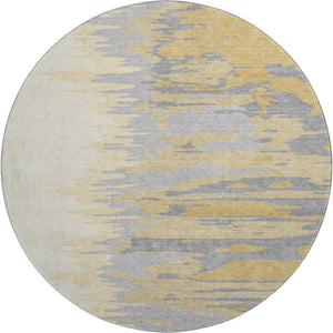 HomeRoots 8' Gold Ivory and Gray Abstract Round Rug - Washable, UV Protected, Ideal for High-Traffic Areas 682358