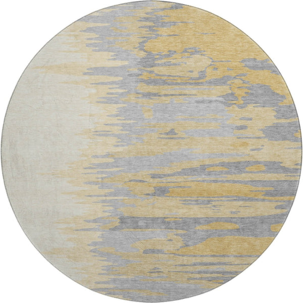 HomeRoots 8' Gold Ivory and Gray Abstract Round Rug - Washable, UV Protected, Ideal for High-Traffic Areas 682358