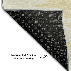 HomeRoots 8' Gold Ivory and Gray Abstract Round Rug - Washable, UV Protected, Ideal for High-Traffic Areas 682358