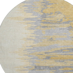 HomeRoots 8' Gold Ivory and Gray Abstract Round Rug - Washable, UV Protected, Ideal for High-Traffic Areas 682358