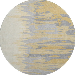 HomeRoots 8' Gold Ivory and Gray Abstract Round Rug - Washable, UV Protected, Ideal for High-Traffic Areas 682358