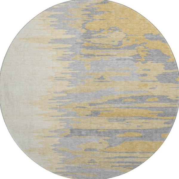 HomeRoots 8' Gold Ivory and Gray Abstract Round Rug - Washable, UV Protected, Ideal for High-Traffic Areas 682358