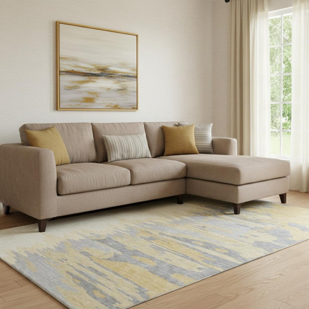 HomeRoots 8' X 10' Modern Gold Ivory Gray Abstract Area Rug - Washable, UV Protected, Durable & Stylish! 682359