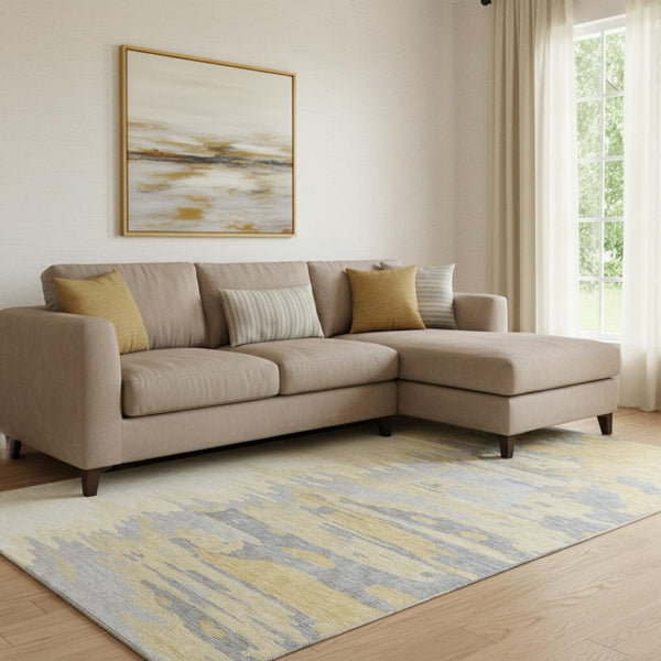 HomeRoots 8' X 10' Modern Gold Ivory Gray Abstract Area Rug - Washable, UV Protected, Durable & Stylish! 682359