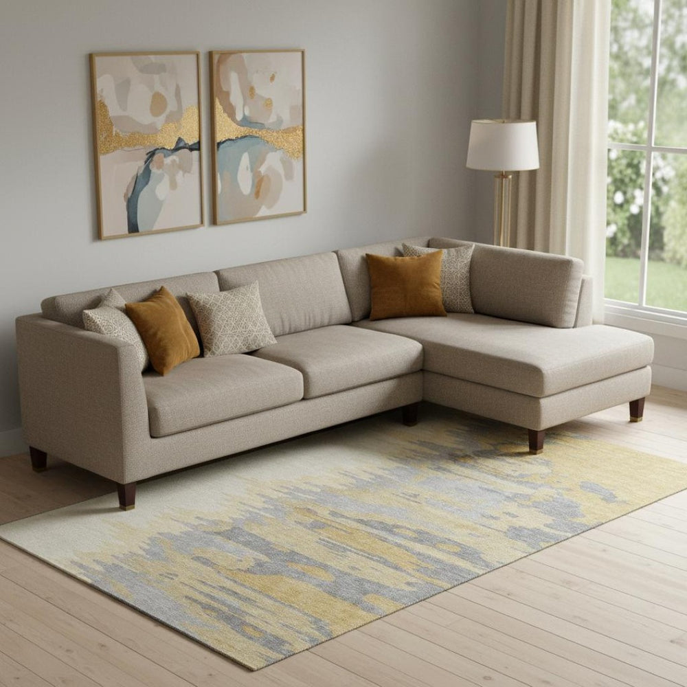 HomeRoots 9' X 12' Contemporary Gold Ivory Gray Abstract Area Rug | Washable, Stain-Resistant, UV Protected 682360